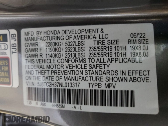 2022 Acura RDX with VIN 5J8TC2H37NL013317, listed as a Copart auction lot 56289074 with 20,944 mi miles and Salvage Title. Bid and sale history available at carsss.com. Image 13.