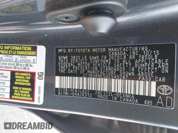 2016 Toyota Corolla L with VIN 2T1BURHE5GC545287, listed as a IAAI auction lot 42479959 with 129,394 mi miles and . Bid and sale history available at DreamBid. Image 9.