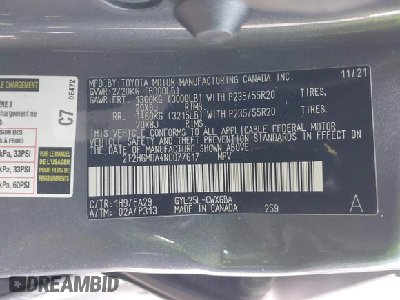 2022 Lexus RX 450h with VIN 2T2HGMDA4NC077617, listed as a IAAI auction lot 42489655 with 37,683 mi miles and . Bid and sale history available at DreamBid. Image 9.