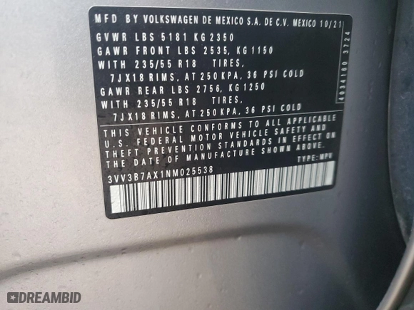 2022 Volkswagen Tiguan SE with VIN 3VV3B7AX1NM025538, listed as a Copart auction lot 43246695 with 0 mi miles and Salvage Title. Bid and sale history available at carsss.com. Image 12.