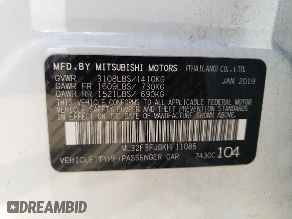 2019 Mitsubishi Mirage G4 ES with VIN ML32F3FJ8KHF11085, listed as a Copart auction lot 55000834 with 90,395 mi miles and Salvage Title. Bid and sale history available at carsss.com. Image 12.