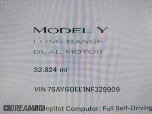 2022 Tesla Model Y Long Range with VIN 7SAYGDEE1NF329909, listed as a IAAI auction lot 41628643 with 32,824 mi miles. Bid and sale history available at carsss.com. Image 15.