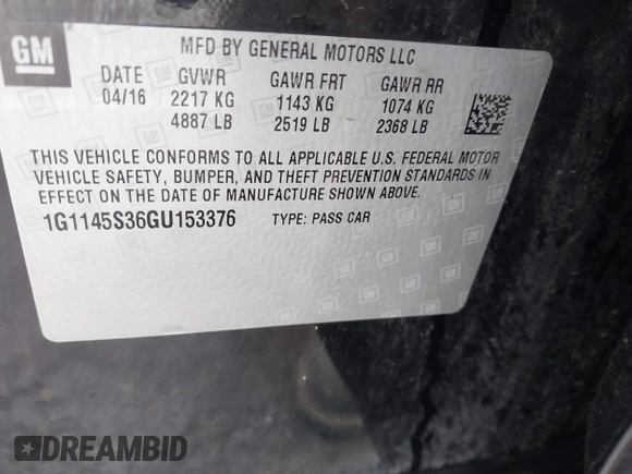 2016 Chevrolet Impala LTZ with VIN 1G1145S36GU153376, listed as a IAAI auction lot 42364341 with 71,946 mi miles and . Bid and sale history available at DreamBid. Image 9.