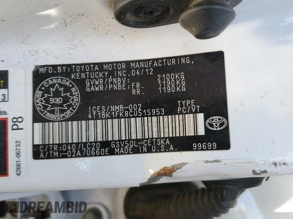 2012 Toyota Camry SE with VIN 4T1BK1FK8CU515953, listed as a Copart auction lot 46895405 with 0 mi miles and Non Repairable. Bid and sale history available at carsss.com. Image 12.