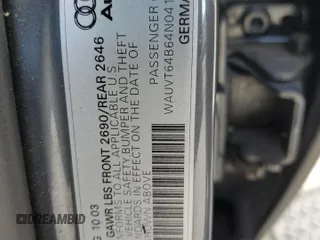 2004 Audi A6 with VIN WAUVT64B64N041556, listed as a Copart auction lot 43427665 with 159,957 mi miles and Salvage Title. Bid and sale history available at carsss.com. Image 12.