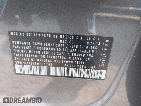 2014 Volkswagen Jetta S z VIN 3VW2K7AJXEM351762, wystawiony jako IAAI lot #42467930 z przebiegiem 159 210 mil mil oraz . Historia ofert i sprzedaży dostępna na DreamBid. Obrazek 9.