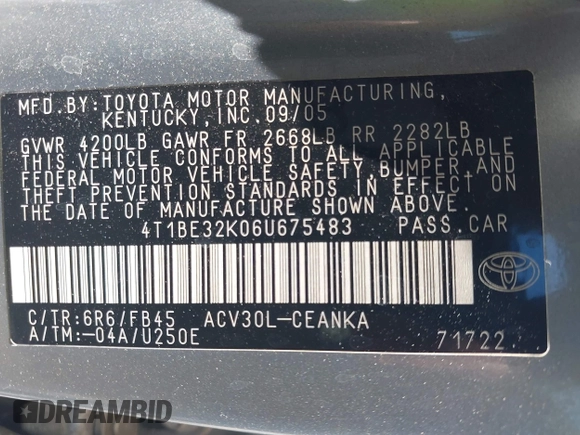 2006 Toyota Camry STD with VIN 4T1BE32K06U675483, listed as a IAAI auction lot 42001170 with 142,783 mi miles. Bid and sale history available at carsss.com. Image 9.
