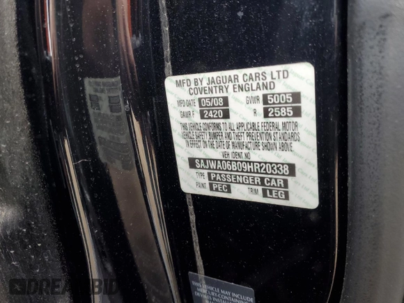 2009 Jaguar XF Premium Luxury z VIN SAJWA06B09HR20338, wystawiony jako Copart lot #52783585 z przebiegiem 82 260 mil mil oraz Szkoda całkowita • Salvage title. Historia ofert i sprzedaży dostępna na DreamBid. Obrazek 12.