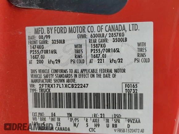 1999 Ford F-150 XL with VIN 2FTRX17L1XCB22247, listed as a Copart auction lot 60851965 with Not provided miles and Salvage title. Bid and sale history available at DreamBid. Image 12.
