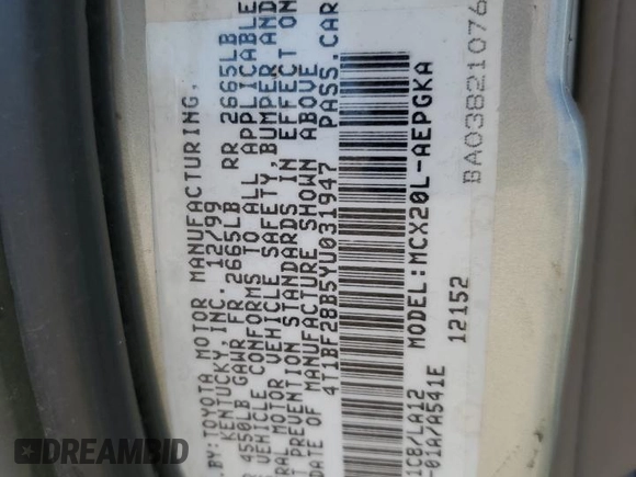 2000 Toyota Avalon XL with VIN 4T1BF28B5YU031947, listed as a Copart auction lot 56239265 with 167,627 mi miles and Salvage title. Bid and sale history available at DreamBid. Image 12.