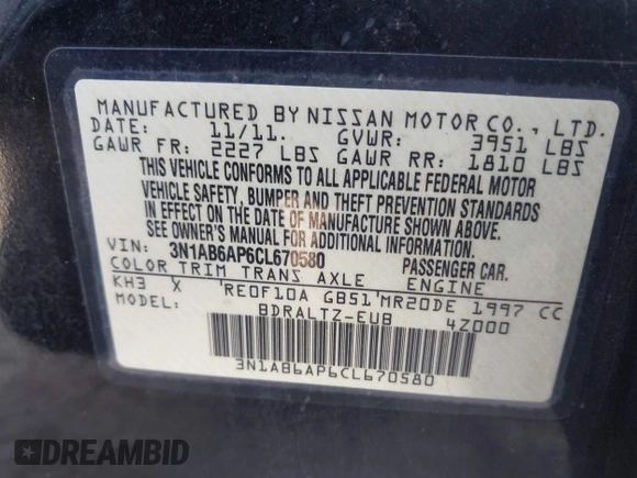 2012 Nissan Sentra S with VIN 3N1AB6AP6CL670580, listed as a IAAI auction lot 41436631 with 156,178 mi miles and . Bid and sale history available at DreamBid. Image 9.