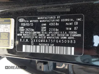 2015 Kia Optima LX z VIN 5XXGM4A75FG450983, wystawiony jako IAAI lot #41837815 z przebiegiem 95 187 mil mil oraz . Historia ofert i sprzedaży dostępna na DreamBid. Obrazek 9.