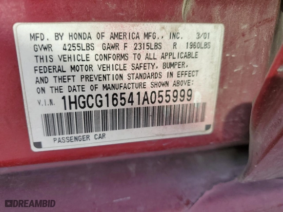 2001 Honda Accord Sdn EX w/Leather with VIN 1HGCG16541A055999, listed as a Copart auction lot 48130995 with 0 mi miles and Salvage Title. Bid and sale history available at carsss.com. Image 14.