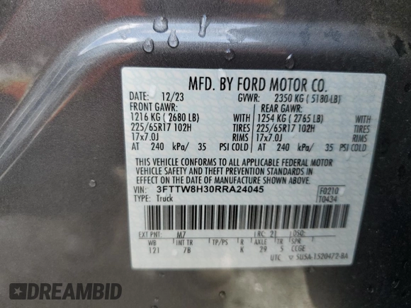 2024 Ford Maverick XLT with VIN 3FTTW8H30RRA24045, listed as a Copart auction lot 57127705 with Not provided miles and Salvage title. Bid and sale history available at DreamBid. Image 13.