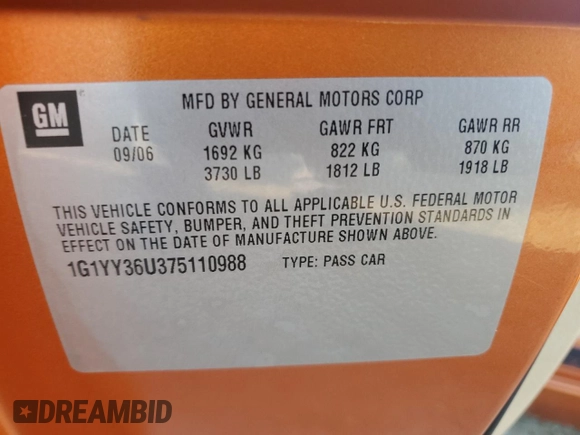2007 Chevrolet Corvette z VIN 1G1YY36U375110988, wystawiony jako Copart lot #88572245 z przebiegiem 35 767 mil mil oraz Szkoda całkowita • Salvage title. Historia ofert i sprzedaży dostępna na DreamBid. Obrazek 12.