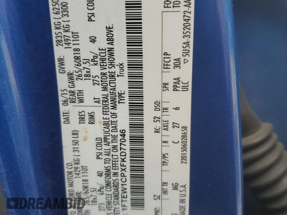 2015 Ford F-150 XL with VIN 1FTEW1CPXFKD77046, listed as a Copart auction lot 59692845 with 205,659 mi miles and Salvage title. Bid and sale history available at DreamBid. Image 12.