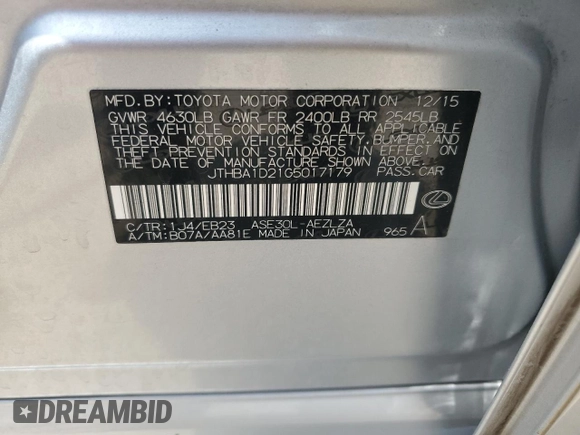 2016 Lexus IS 200t with VIN JTHBA1D21G5017179, listed as a Copart auction lot 59619775 with 63,832 mi miles and Salvage title. Bid and sale history available at DreamBid. Image 13.