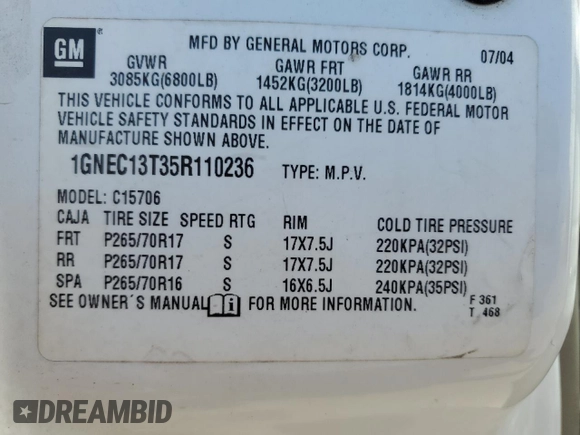 2005 Chevrolet Tahoe Z71 with VIN 1GNEC13T35R110236, listed as a Copart auction lot 53809095 with Not provided miles and Salvage title. Bid and sale history available at DreamBid. Image 13.