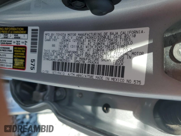 2010 Toyota Tacoma PreRunner with VIN 3TMKU4HN1AM025931, listed as a Copart auction lot 54336905 with 184,868 mi miles and Salvage title. Bid and sale history available at DreamBid. Image 13.