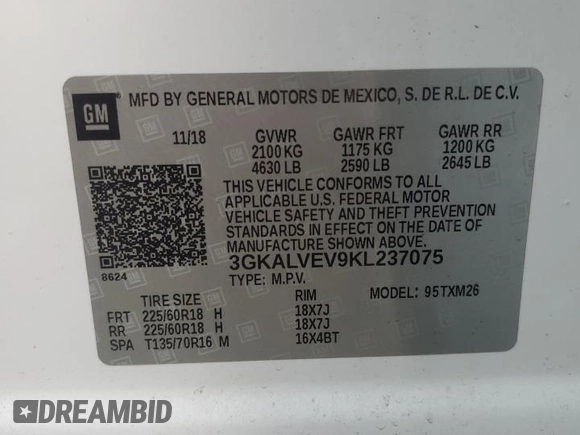 2019 GMC Terrain SLT with VIN 3GKALVEV9KL237075, listed as a Copart auction lot 42240435 with 93,943 mi miles and Salvage Title. Bid and sale history available at carsss.com. Image 12.