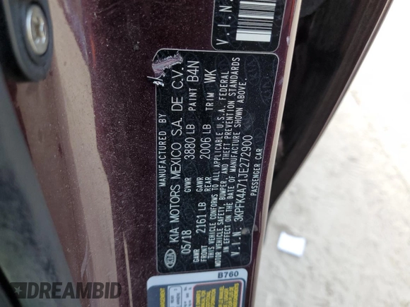 2018 Kia Forte LX with VIN 3KPFK4A71JE272900, listed as a Copart auction lot 52948705 with 42,342 mi miles and Salvage Title. Bid and sale history available at carsss.com. Image 12.