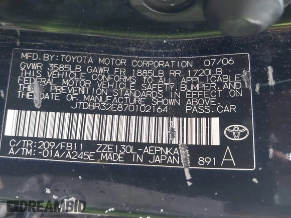 2007 Toyota Corolla CE z VIN JTDBR32E870102164, wystawiony jako IAAI lot #42213578 z przebiegiem 165 973 mil mil oraz . Historia ofert i sprzedaży dostępna na DreamBid. Obrazek 9.
