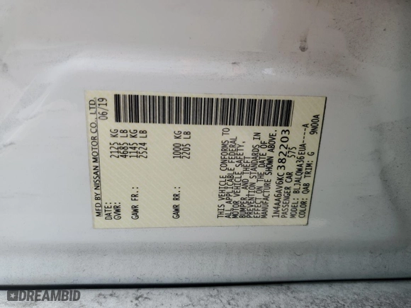 2019 Nissan Maxima SR with VIN 1N4AA6AV6KC382203, listed as a Copart auction lot 70239384 with 113,171 mi miles and Salvage Title. Bid and sale history available at carsss.com. Image 12.