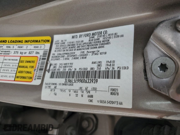 2019 Lincoln MKZ Reserve II z VIN 3LN6L5E99KR633939, wystawiony jako Copart lot #50454485 z przebiegiem Nie podano mil oraz Szkoda całkowita • Salvage title. Historia ofert i sprzedaży dostępna na DreamBid. Obrazek 12.