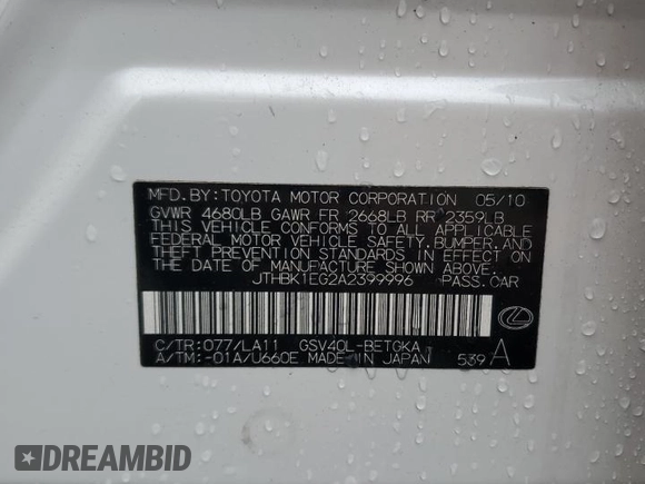 2010 Lexus ES 330 z VIN JTHBK1EG2A2399996, wystawiony jako Copart lot #57297145 z przebiegiem 81 929 mil mil oraz Szkoda całkowita • Salvage title. Historia ofert i sprzedaży dostępna na DreamBid. Obrazek 12.
