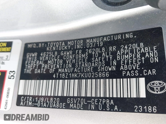 2019 Toyota Camry XSE with VIN 4T1BZ1HK7KU025866, listed as a IAAI auction lot 41901206 with 143,688 mi miles and . Bid and sale history available at DreamBid. Image 9.