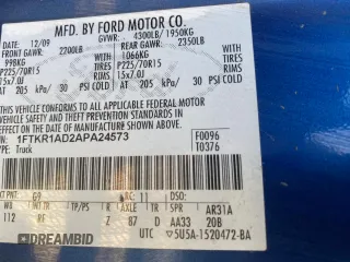 2010 Ford Ranger XL with VIN 1FTKR1AD2APA24573, listed as a Copart auction lot 52861665 with 157,133 mi miles and Clean Title. Bid and sale history available at carsss.com. Image 10.