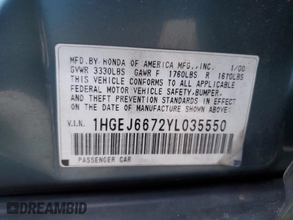 2000 Honda Civic LX with VIN 1HGEJ6672YL035550, listed as a Copart auction lot 50013625 with 158,221 mi miles and Salvage Title. Bid and sale history available at DreamBid. Image 12.