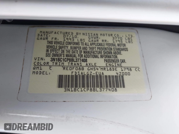 2011 Nissan Versa S с VIN 3N1BC1CP8BL377408, выставлен на аукционе IAAI как лот 41080991 с пробегом 121 541 миль миль и . История ставок и продаж доступна на DreamBid. Изображение 9.