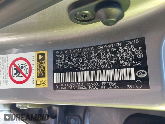 2015 Lexus ES with VIN JTHBK1GG7F2190161, listed as a IAAI auction lot 41343260 with 127,460 mi miles. Bid and sale history available at carsss.com. Image 9.