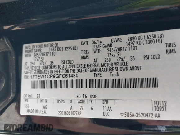 2016 Ford F-150 XL with VIN 1FTEW1CP9GFC61430, listed as a IAAI auction lot 41773013 with 108,286 mi miles and . Bid and sale history available at DreamBid. Image 9.