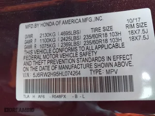 2017 Honda CR-V Touring with VIN 5J6RW2H95HL074264, listed as a IAAI auction lot 41974804 with 94,923 mi miles. Bid and sale history available at carsss.com. Image 9.