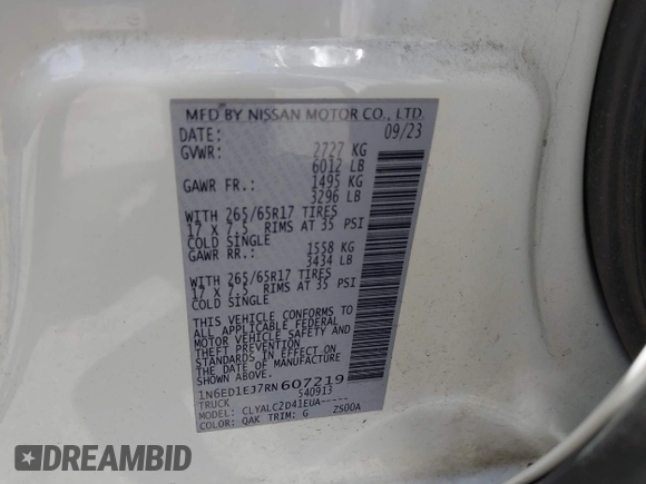 2024 Nissan Frontier SV with VIN 1N6ED1EJ7RN607219, listed as a IAAI auction lot 42570080 with 35,269 mi miles and . Bid and sale history available at DreamBid. Image 9.