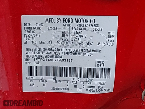 2007 Ford F-150 XLT with VIN 1FTPX14V07FA83135, listed as a IAAI auction lot 42065923 with 202,579 mi miles. Bid and sale history available at carsss.com. Image 9.