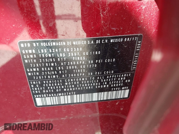 2018 Volkswagen Tiguan SEL с VIN 3VV3B7AX4JM027472, выставлен на аукционе IAAI как лот 42398665 с пробегом 153 742 миль миль и . История ставок и продаж доступна на DreamBid. Изображение 9.