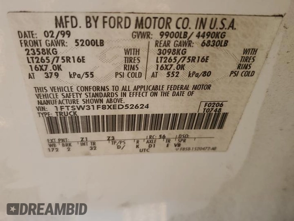 1999 Ford F-350 XL with VIN 1FTSW31F8XED52624, listed as a Copart auction lot 86359524 with 310,829 mi miles and Salvage title. Bid and sale history available at DreamBid. Image 12.