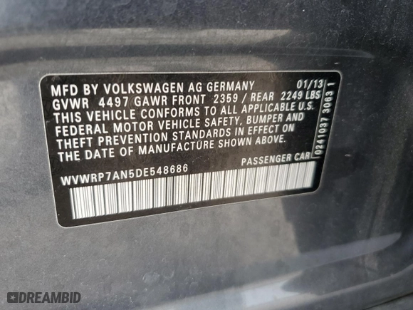 2013 Volkswagen CC Lux with VIN WVWRP7AN5DE548686, listed as a Copart auction lot 45424355 with 93,858 mi miles and Salvage Title. Bid and sale history available at carsss.com. Image 12.