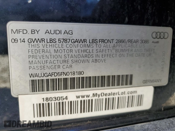 2015 Audi A8 с VIN WAUJGAFD5FN018180, выставлен на аукционе Copart как лот 87873925 с пробегом Не указан миль и Списание • Salvage title. История ставок и продаж доступна на DreamBid. Изображение 13.