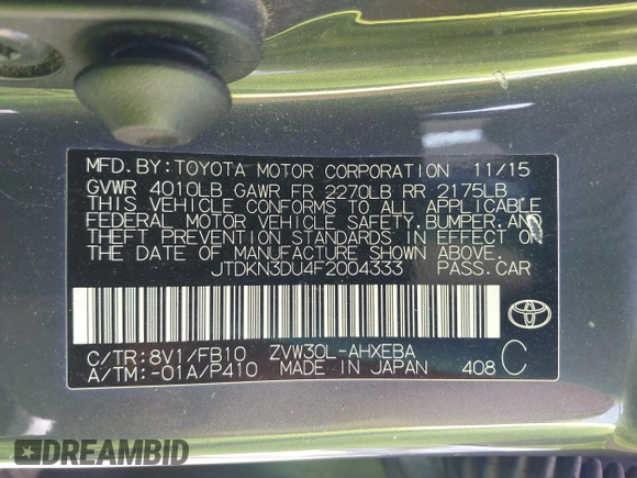 2015 Toyota Prius Four with VIN JTDKN3DU4F2004333, listed as a IAAI auction lot 42498090 with 237,179 mi miles and . Bid and sale history available at DreamBid. Image 9.