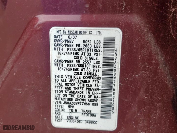 2007 Nissan Murano S with VIN JN8AZ08W77W661085, listed as a Copart auction lot 50158675 with 127,752 mi miles and Clean Title. Bid and sale history available at carsss.com. Image 13.