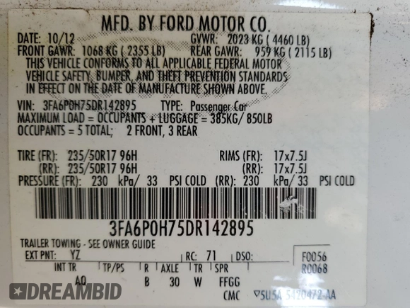 2013 Ford Fusion SE with VIN 3FA6P0H75DR142895, listed as a Copart auction lot 59778405 with 173,240 mi miles and Clean title. Bid and sale history available at DreamBid. Image 12.