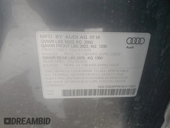 2015 Audi Q5 Premium Plus with VIN WA1DGAFP9FA031493, listed as a Copart auction lot 49801085 with 75,045 mi miles and Salvage Title. Bid and sale history available at carsss.com. Image 14.
