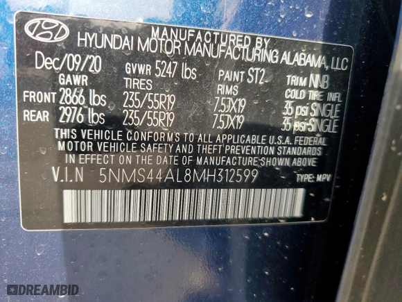 2021 Hyundai Santa Fe Limited with VIN 5NMS44AL8MH312599, listed as a Copart auction lot 50538215 with 66,483 mi miles and Salvage Title. Bid and sale history available at carsss.com. Image 12.