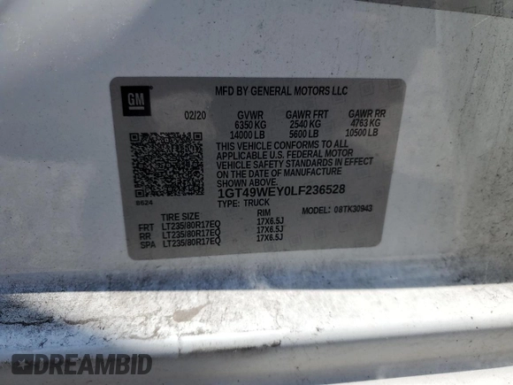 2020 GMC Sierra 3500HD Denali z VIN 1GT49WEY0LF236528, wystawiony jako Copart lot #67557524 z przebiegiem 63 622 mil mil oraz Szkoda całkowita • Salvage title. Historia ofert i sprzedaży dostępna na DreamBid. Obrazek 13.