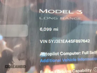 2025 Tesla Model 3 Long Range with VIN 5YJ3E1EA4SF897642, listed as a Copart auction lot 55498795 with 6,099 mi miles and Salvage title. Bid and sale history available at DreamBid. Image 9.