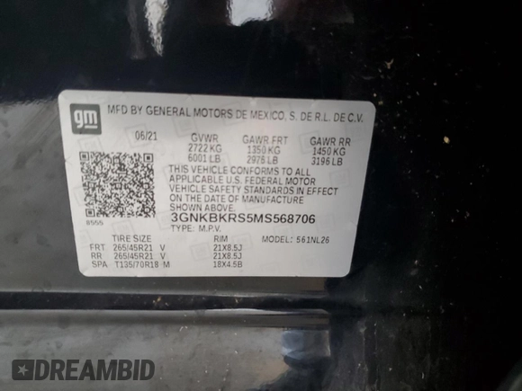 2021 Chevrolet Blazer RS with VIN 3GNKBKRS5MS568706, listed as a Copart auction lot 58782545 with 131,464 mi miles and Salvage title. Bid and sale history available at DreamBid. Image 12.